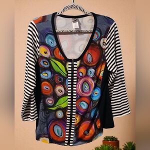 Art By Dolcezza Colorful Zip Front Shirt Artsy Womans XL Stretch Black White